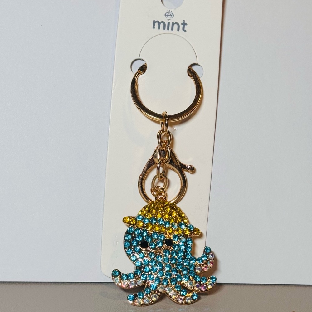 BAG CHARM Mint Gold and Blue Bejeweled Octopus Keychain